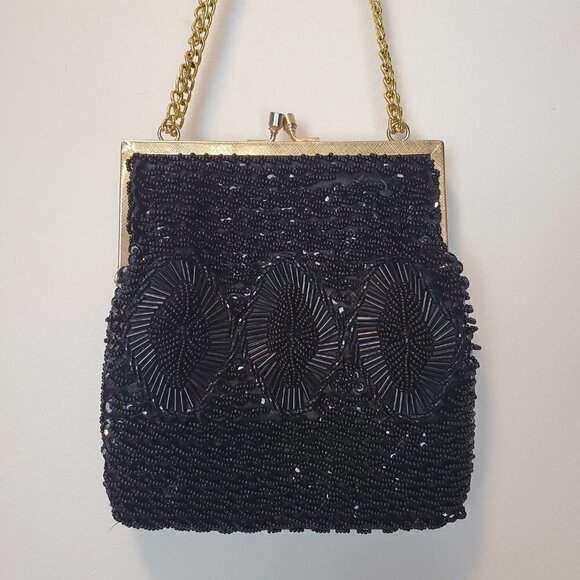 Vintage‎ Black Beaded Sequen Small Purse - Picture 1 of 9